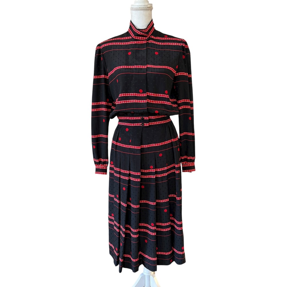 Vintage Albert Nipon Black Red Geometric Polka Dot‎ Executive Dress Size 10